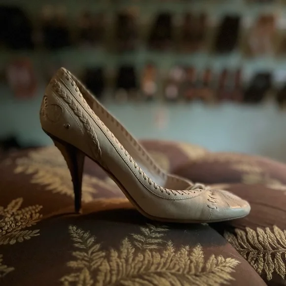 靴 Vintage Dior Leather Pumps 36 1/2 Christian Dior Off-white Cannage Leather Peep Toe Heels 36 | eBay